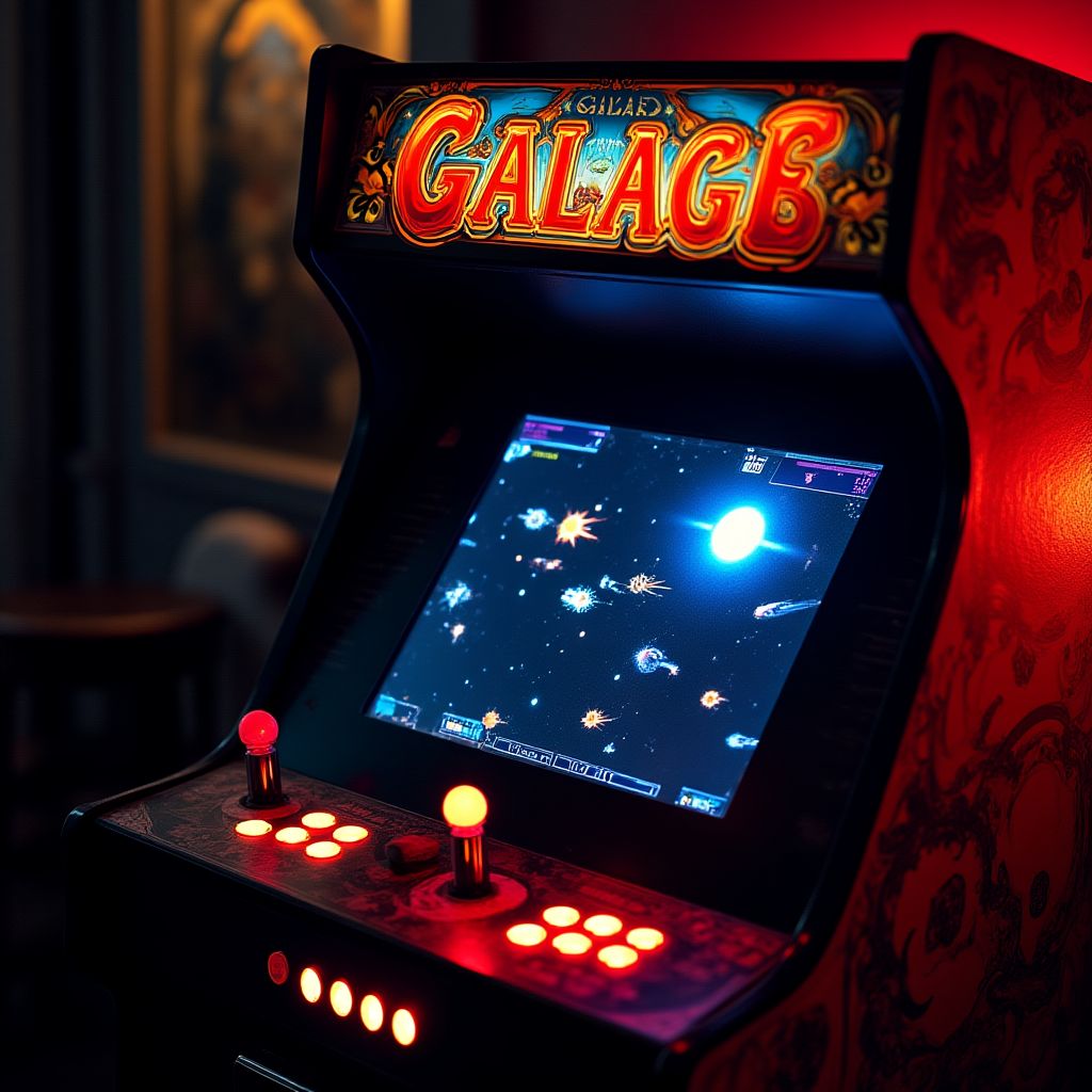 Galaga gameplay and cabinet